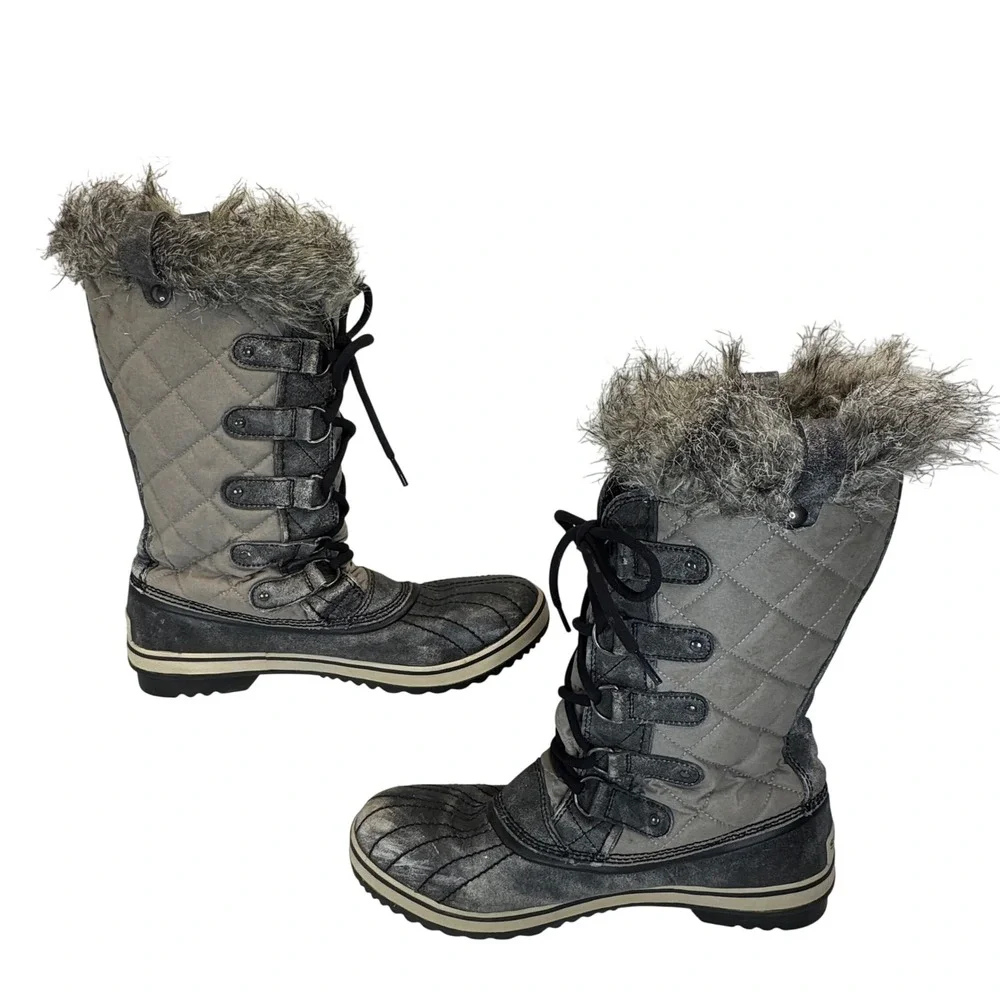 Sorel Winter Boots Womens 12 Gray Quilted Waterproof Faux Fur Lace Up Snow